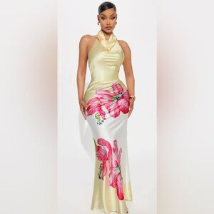 Fashion Nova Yellow and Pink Floral Maxi Dress